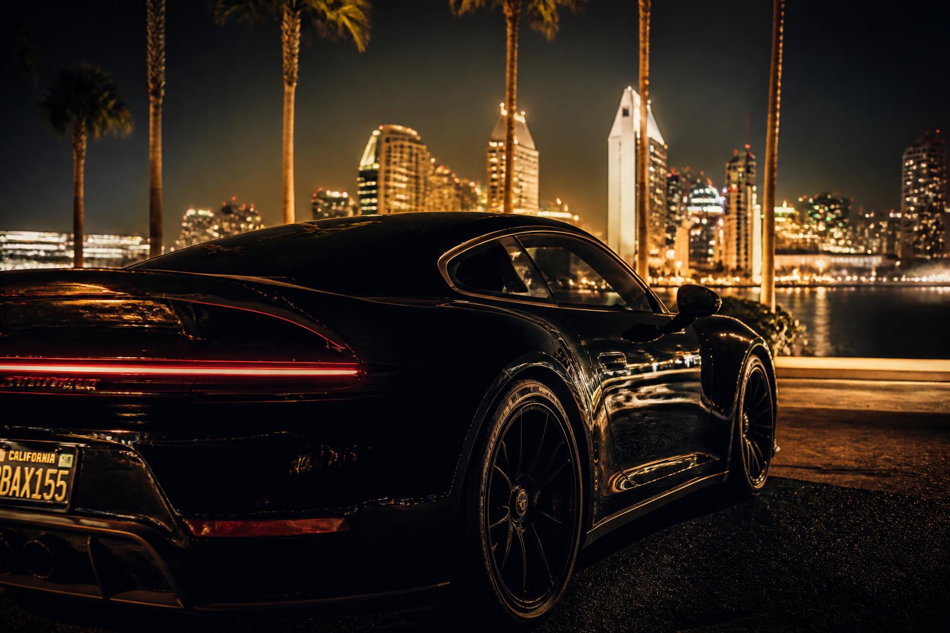 Freshly detailed black luxury sports car with the San Diego skyline at night