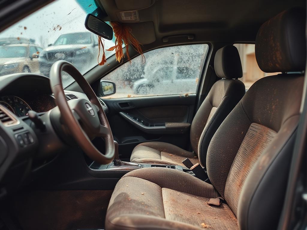 Dirty car interior with stained seats before detailing